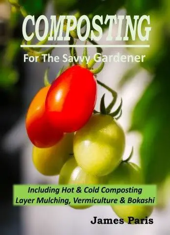 composting book titled 'composting for the savvy gardener' showing a healthy bunch of plumb tomatoes